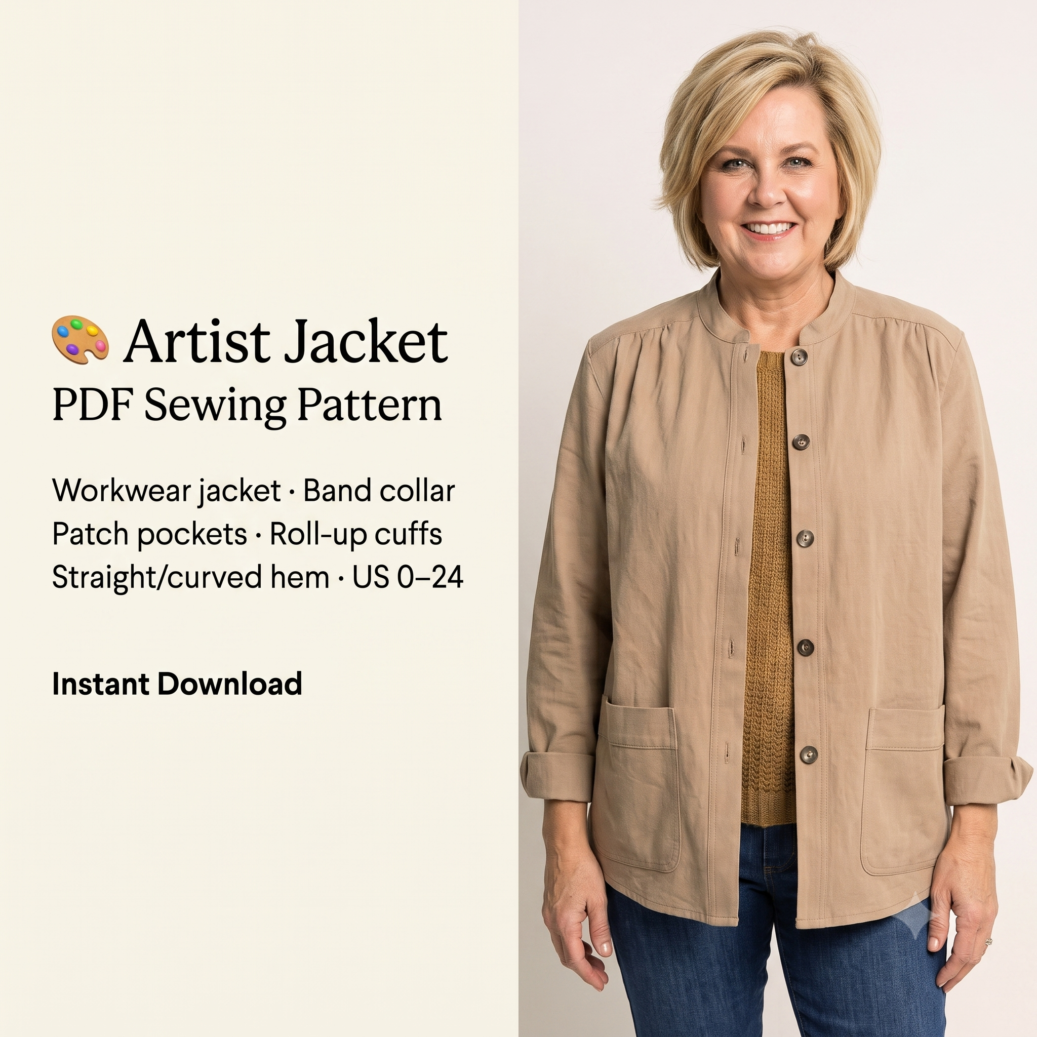 Artist Jacket Sewing Pattern PDF, Workwear Jacket, Dropped Shoulder Chore Coat, Band Collar, Patch Pockets, Two Hems, Sizes US 0–24 / EU 30–54