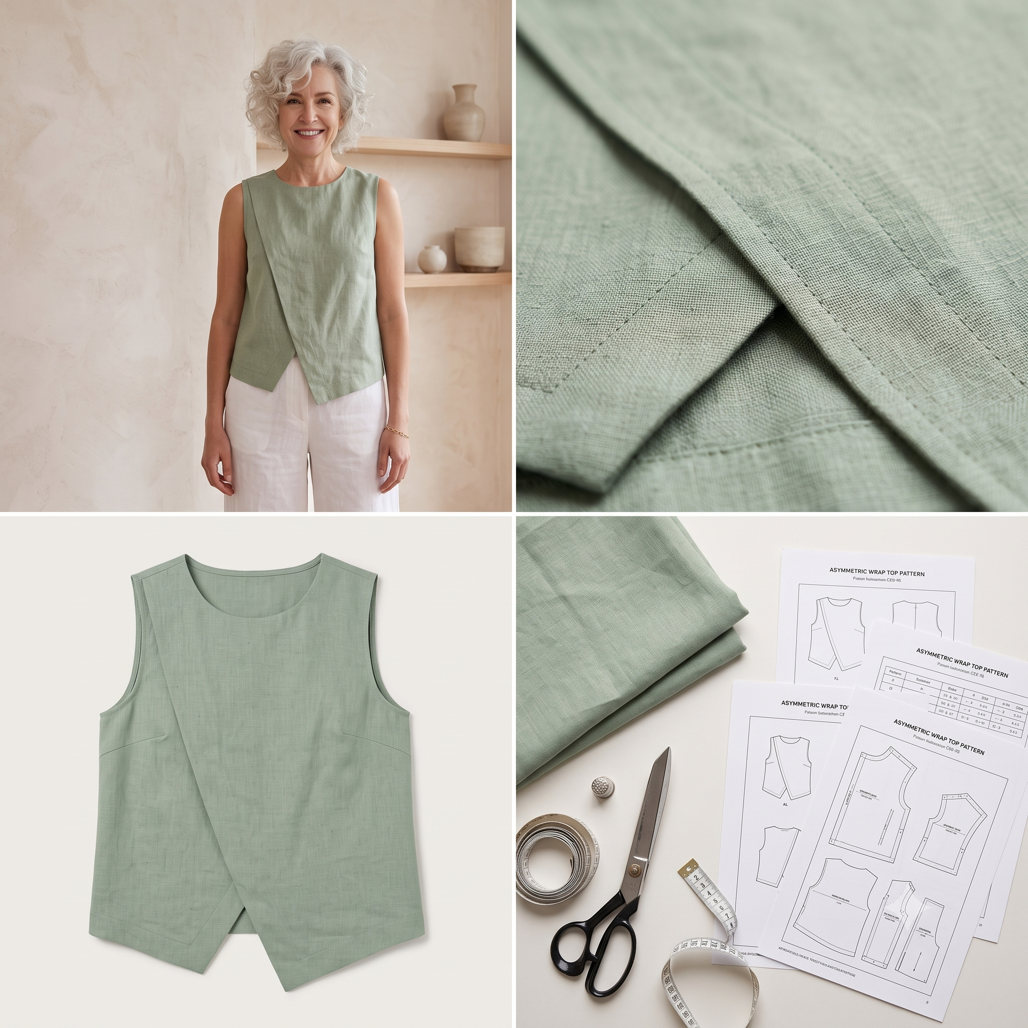 Linen Top Sewing Pattern PDF | Asymmetric Wrap Front Sleeveless Blouse Pattern, Minimalist Summer Top for Women, Sizes 0-22, Instant Download