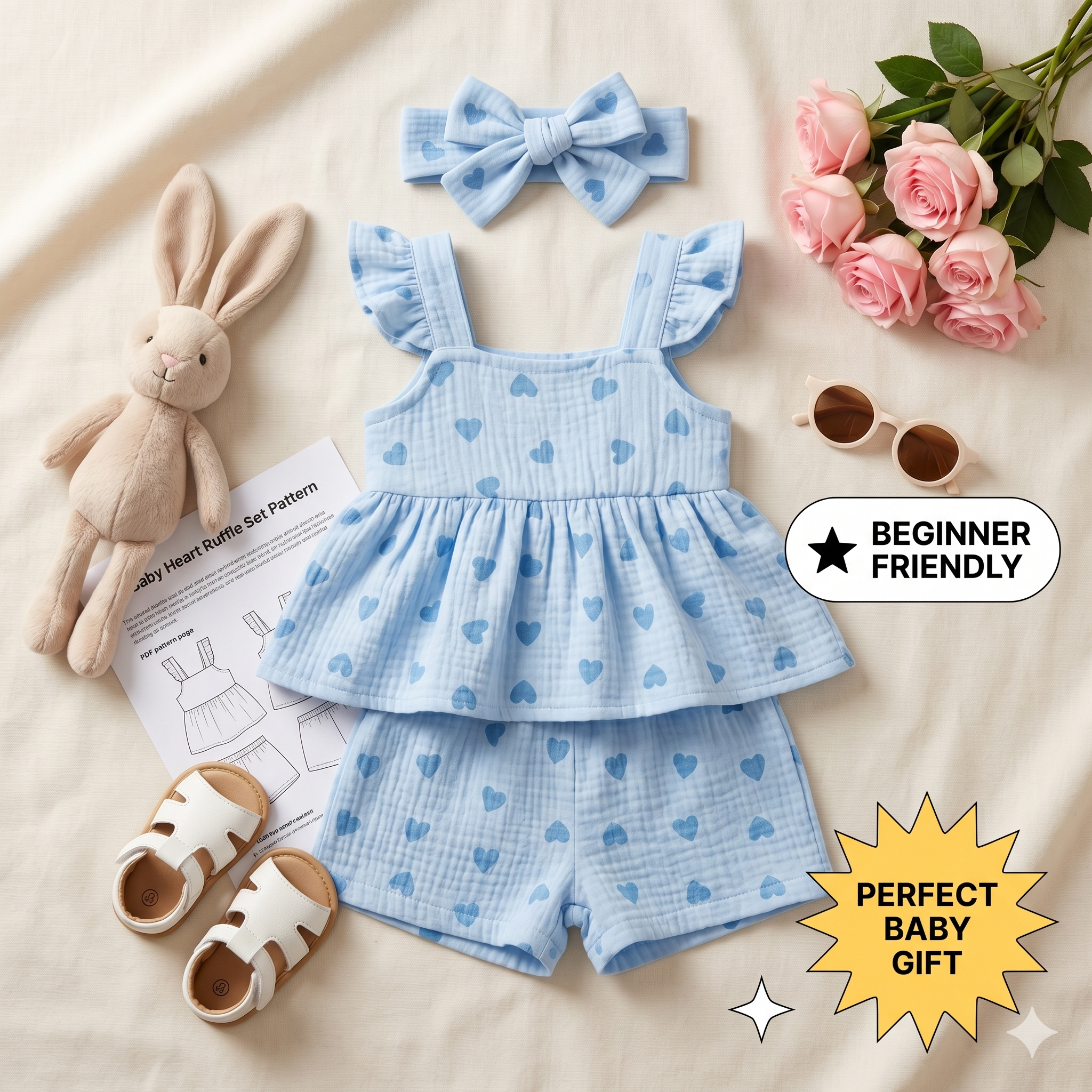 Baby Girl Romper Sewing Pattern PDF | Ruffle Peplum Top & Shorts Set, Heart Summer Outfit, Bow Headband, Sizes 0-3Y, Instant Download