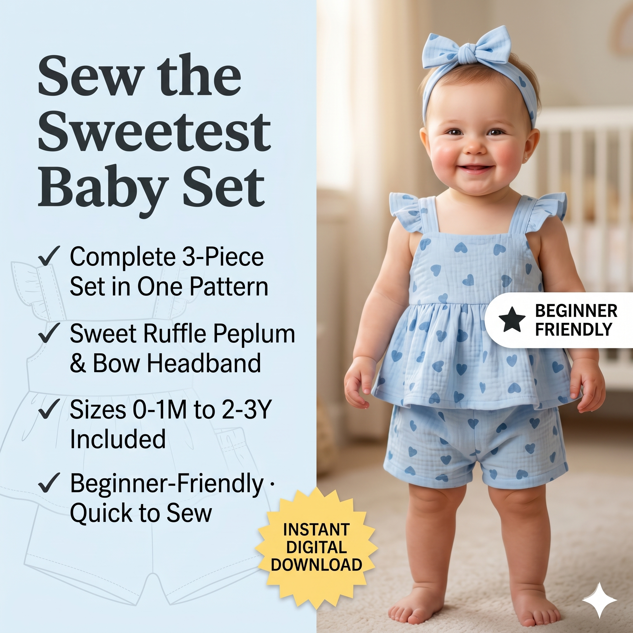 Baby Girl Romper Sewing Pattern PDF | Ruffle Peplum Top & Shorts Set, Heart Summer Outfit, Bow Headband, Sizes 0-3Y, Instant Download