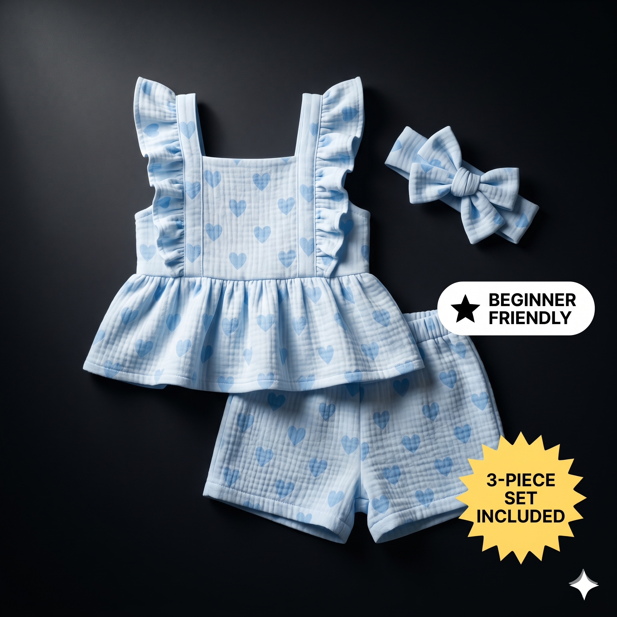 Baby Girl Romper Sewing Pattern PDF | Ruffle Peplum Top & Shorts Set, Heart Summer Outfit, Bow Headband, Sizes 0-3Y, Instant Download