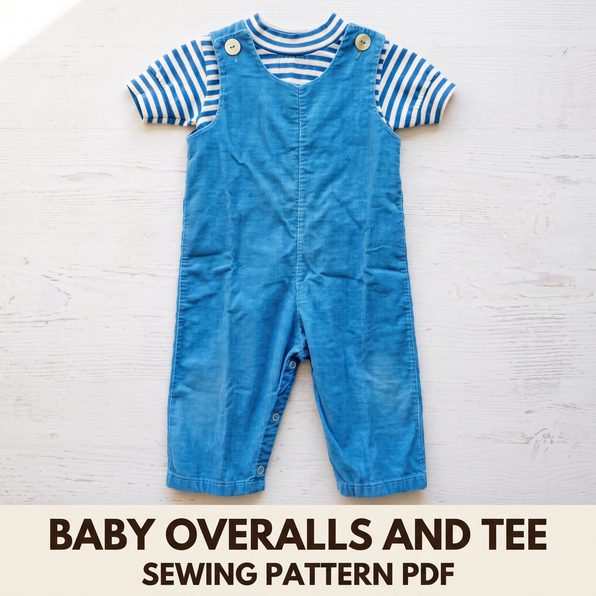 Baby Overalls Sewing Pattern PDF, Corduroy Dungarees with Bib and Snap Crotch plus Striped T-Shirt, 6 Months to 4T