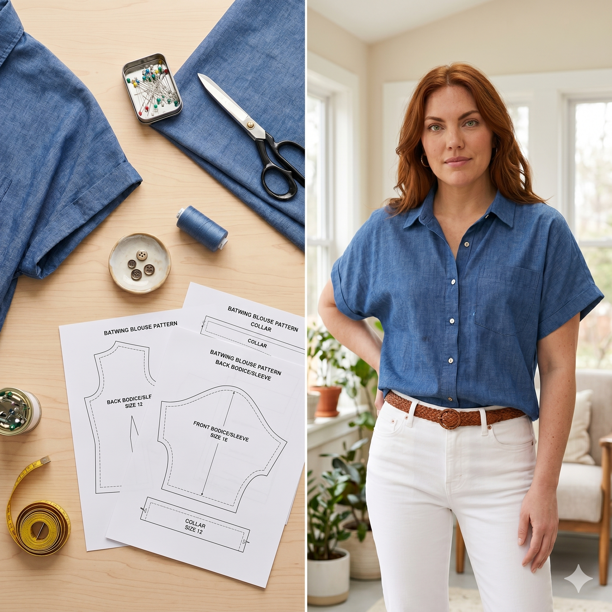 Batwing Blouse Sewing Pattern PDF | Button Up Shirt Pattern | Relaxed Fit Summer Blouse | Easy Beginner Pattern | Women Sewing Pattern