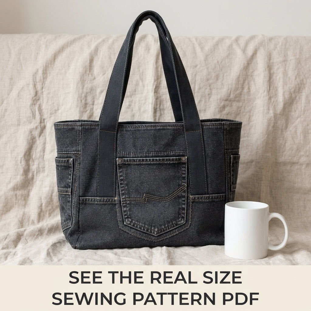 Black Denim Tote Sewing Pattern PDF – Upcycled Jeans Bag with Pockets