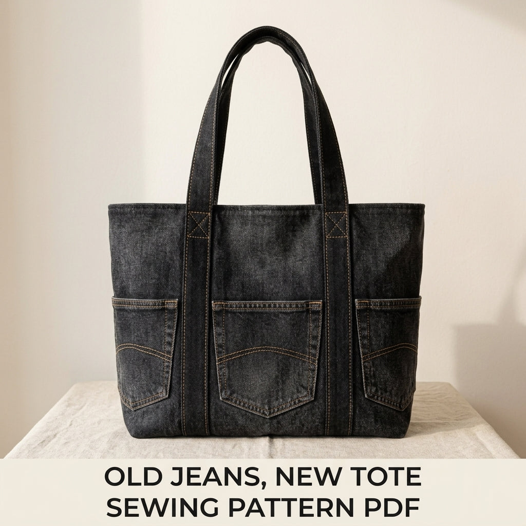 Black Denim Tote Sewing Pattern PDF – Upcycled Jeans Bag with Pockets