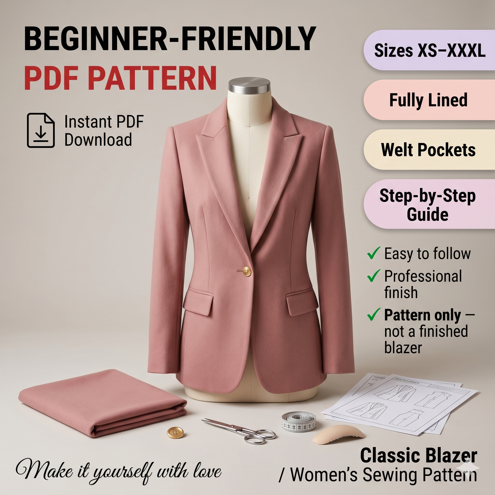 Blazer Sewing Patterns - Womens Sewing Pattern - Lined Double Breasted Jacket - Modern Sewing Pattern - Jacket Pattern - Blazer Pattern