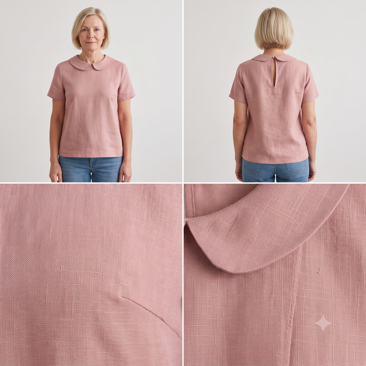 Peter Pan Collar Blouse Sewing Pattern PDF, Linen Short Sleeve Top, Lined Collar, Back Keyhole, Made to Measure, Bilingual FR/EN, Sizes 34–56