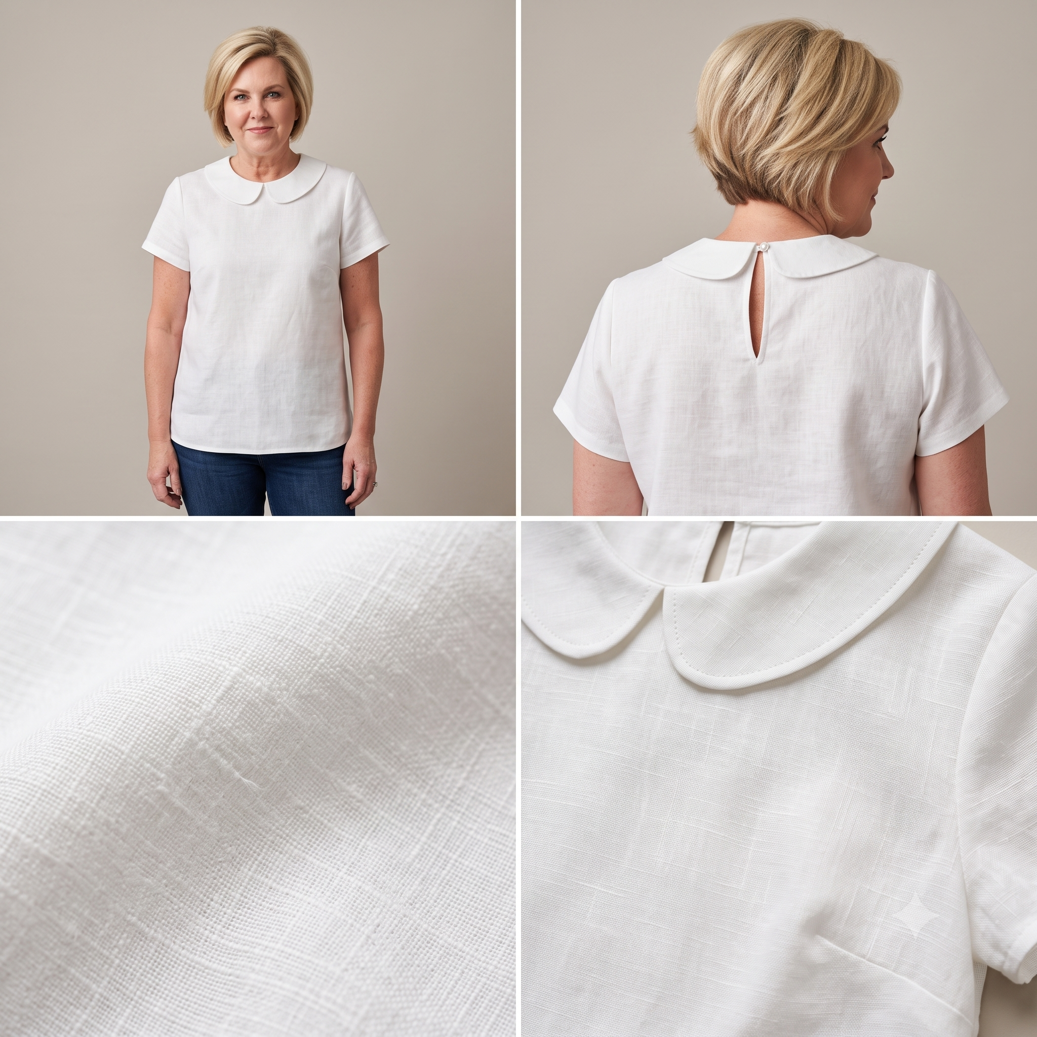 Peter Pan Collar Blouse Sewing Pattern PDF, Linen Short Sleeve Top, Lined Collar, Back Keyhole, Made to Measure, Bilingual FR/EN, Sizes 34–56