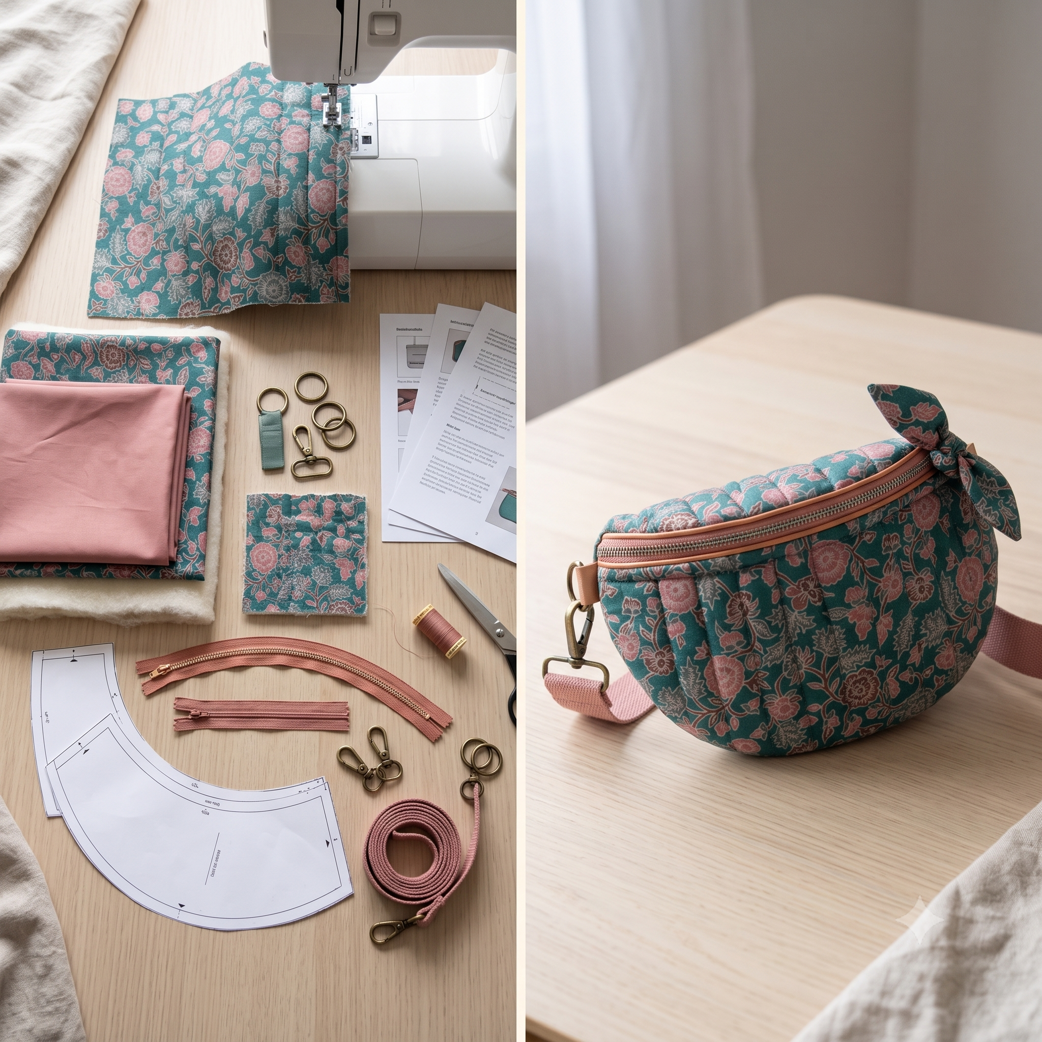 Quilted Belt Bag PDF Sewing Pattern | Crescent Bum Bag, Floral Block-Print | Adjustable Crossbody Strap, Zip Pocket | Beginner Friendly