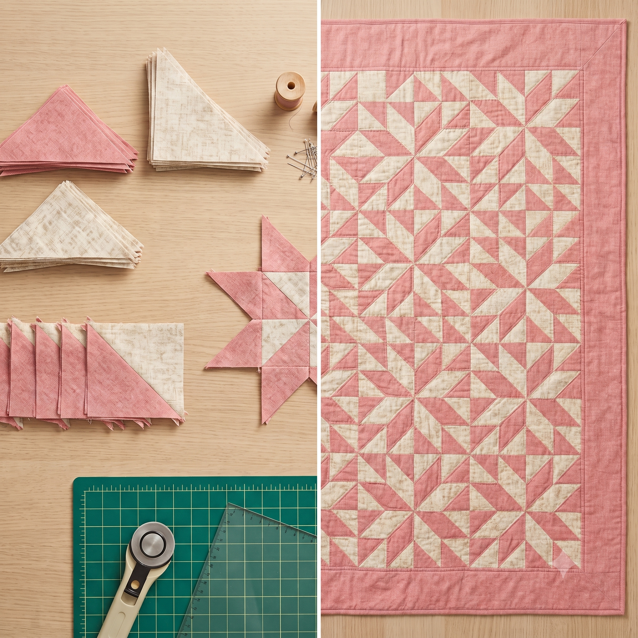 Blush Blossom Quilt Pattern PDF, Pink Cream Patchwork Quilt, Romantic HST Quilt Pattern, Digital Download