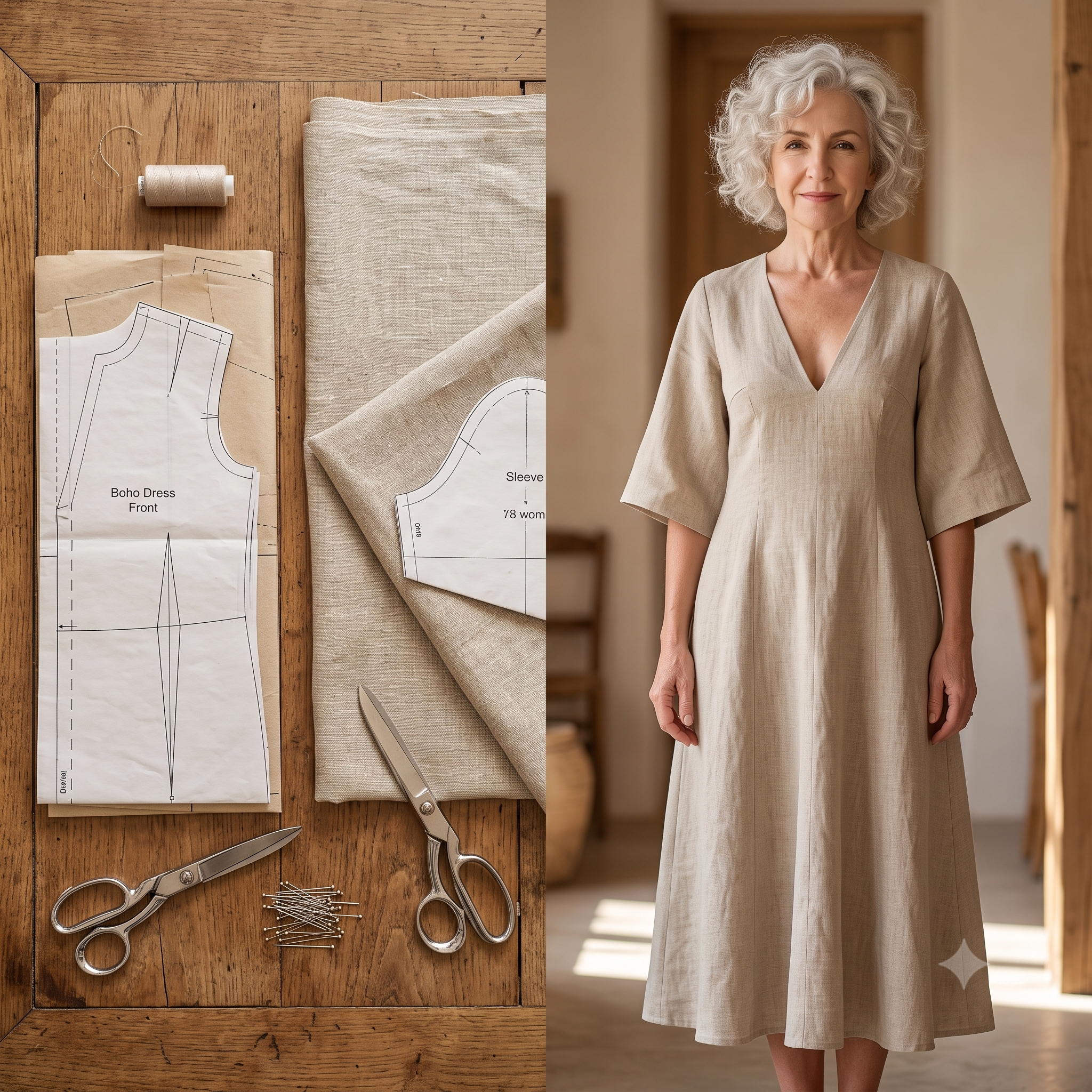 Linen Midi Dress Sewing Pattern PDF, Flared Sleeve Dress Pattern, Loose Fit Linen Dress, V Neck Midi Dress, Women's Sewing Pattern US 2–30