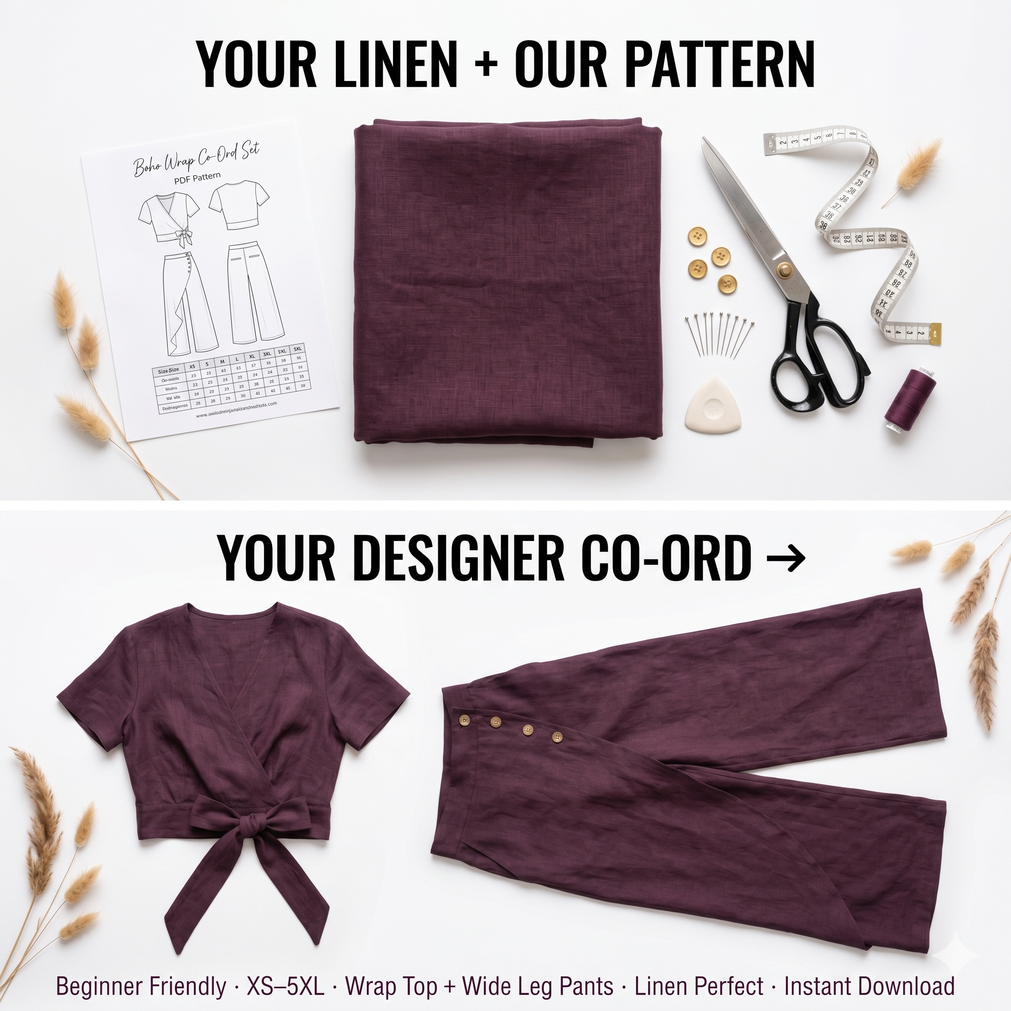Boho Wrap Co-Ord Set PDF Sewing Pattern, Wide Leg Pants, Linen Outfit (Digital Download)