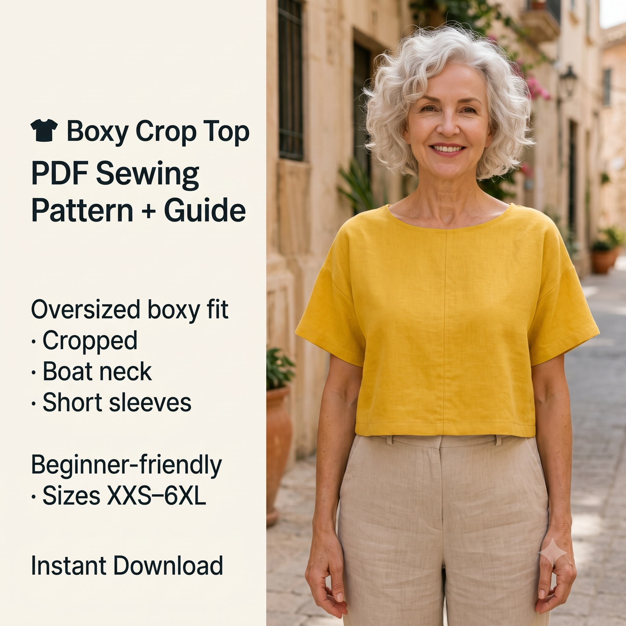 Boxy Crop Top Sewing Pattern PDF, Crop Top Pattern, Oversized Tee Pattern, Beginner Friendly Crop Top, Women's Top Pattern XXS–6XL, Instant Download