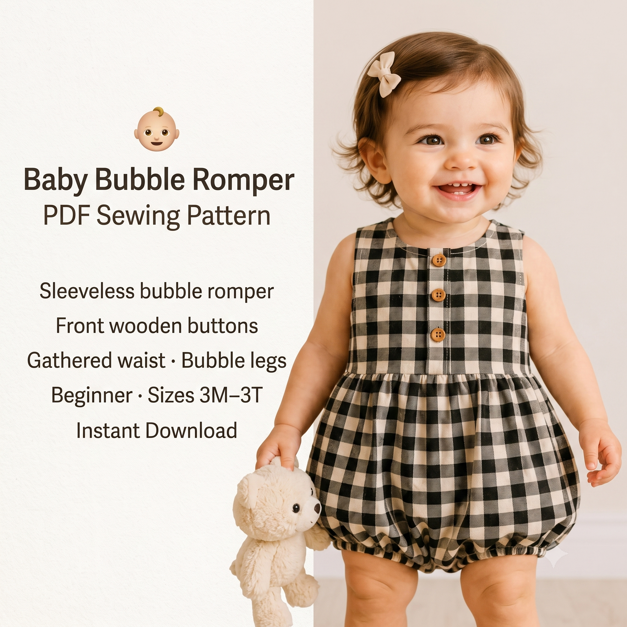 Baby Romper Sewing Pattern PDF, Bubble Baby Jumpsuit, Back Button Romper, Beginner Friendly, Boutique Baby Outfit, Sizes 3M–3T