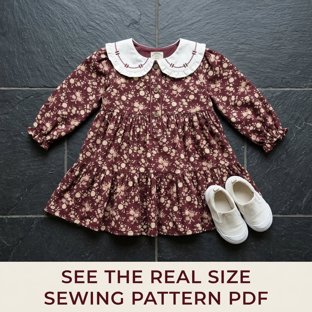 Girls Burgundy Tiered Dress Sewing Pattern PDF – Floral Dress with Embroidered Collar