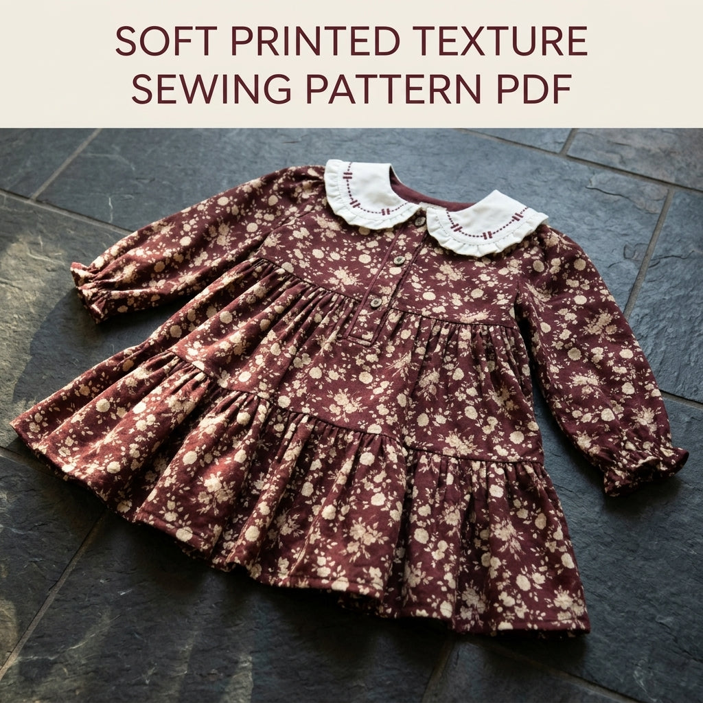 Girls Burgundy Tiered Dress Sewing Pattern PDF – Floral Dress with Embroidered Collar