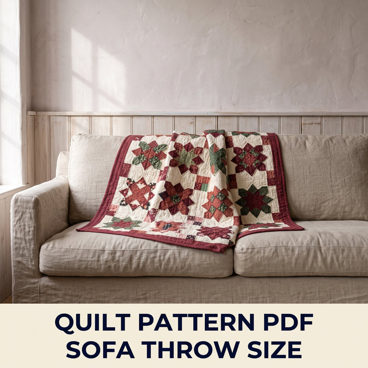 Burgundy and Sage Star Quilt Pattern PDF – 25 Eight-Point Stars with Sashing, Throw Size 50 x 60 in