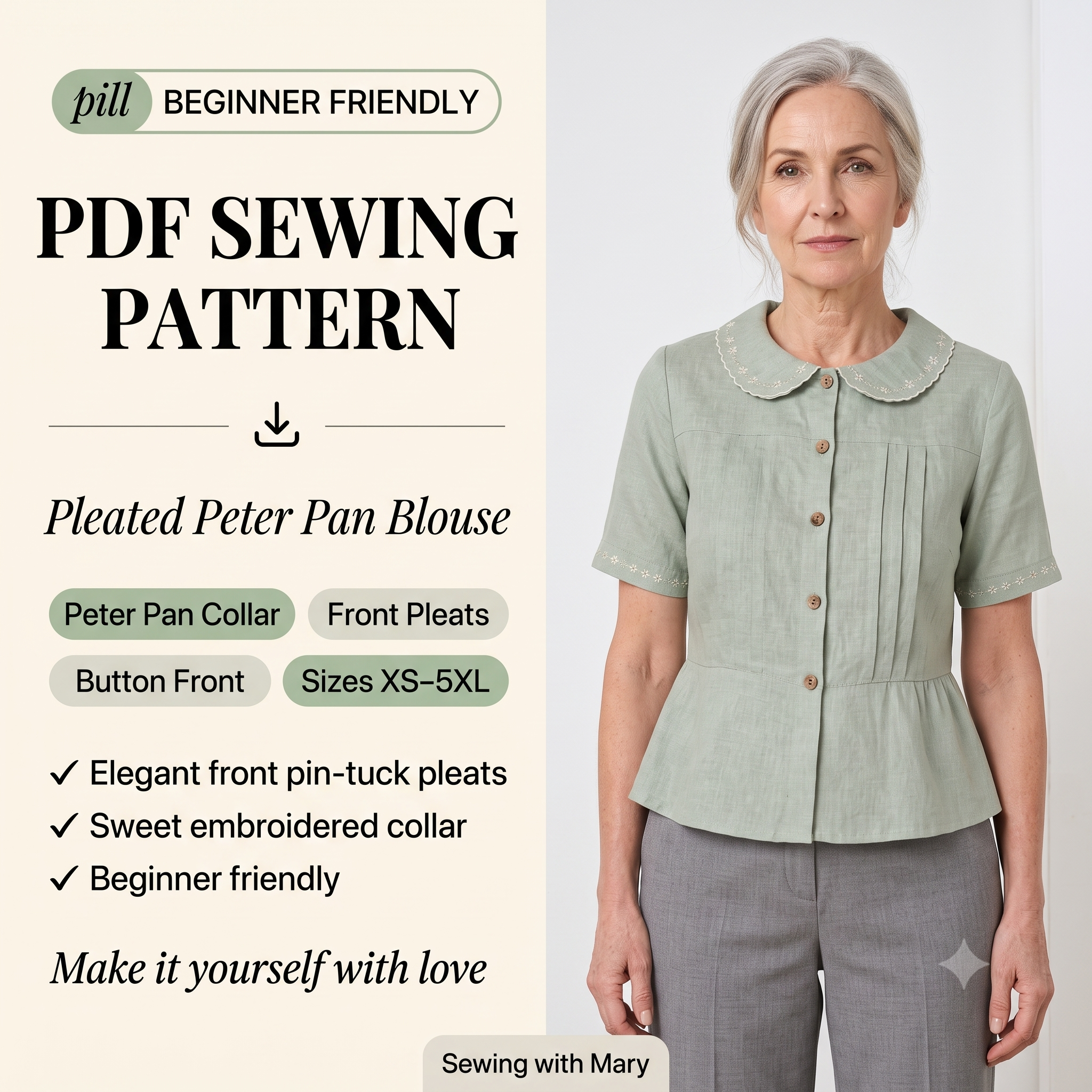 Pleated Peter Pan Collar Top โ Sewing Pattern (PDF) | Vintage Semi-Fitted Blouse