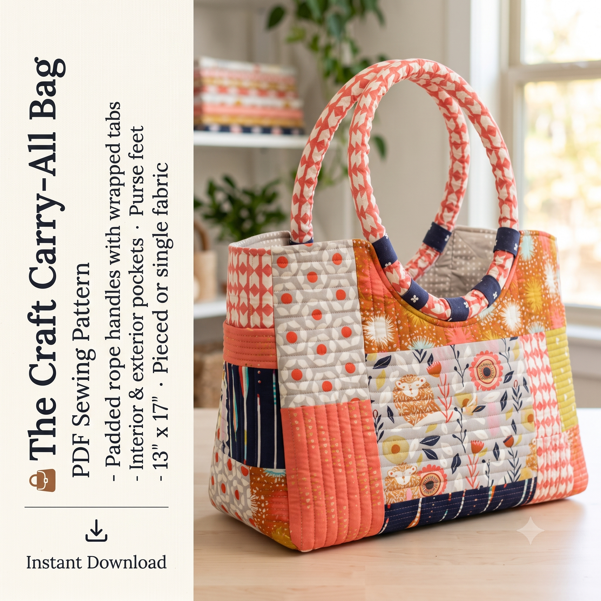 Craft Bag PDF Sewing Pattern | Large Quilted Project Tote with Rope Handles | Pieced or Single Fabric | Instant Download