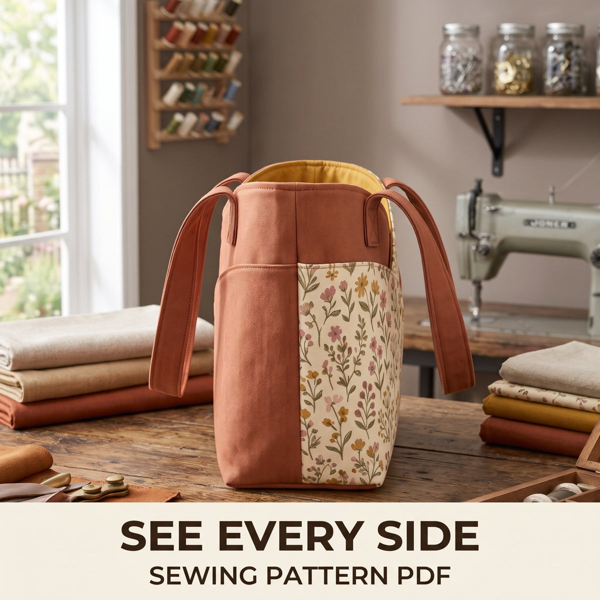 Curved Tote Bag Sewing Pattern PDF, Unique Rounded Front Panel Tote with Lining and Pocket, Beginner Friendly