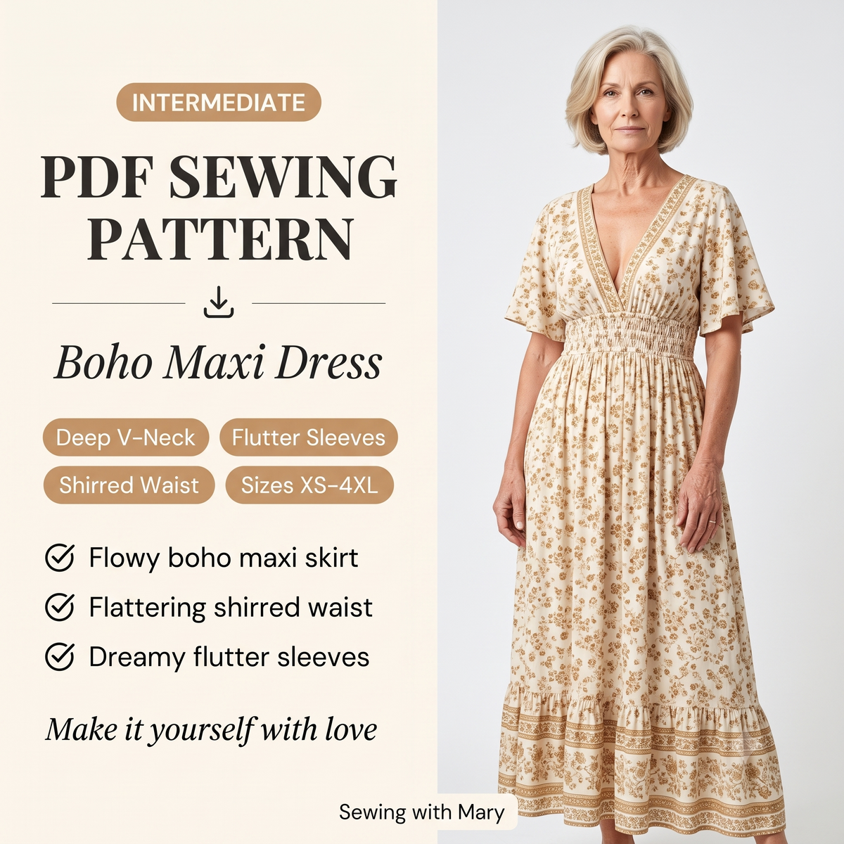 Maxi Dress Sewing Pattern PDF | Boho Deep V-Neck Kaftan Dress Pattern for Women, Gathered Cottagecore Sundress, Sizes XS-4XL, Instant Download