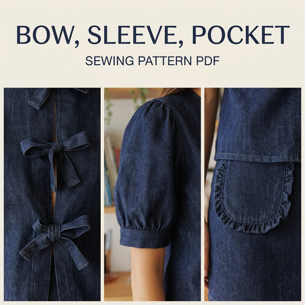 Bow Tie Top Sewing Pattern PDF – Puff Sleeve Denim Blouse and Mini Skirt