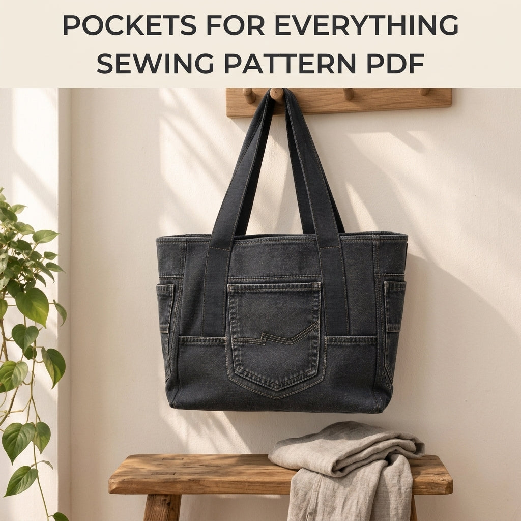 Black Denim Tote Sewing Pattern PDF – Upcycled Jeans Bag with Pockets