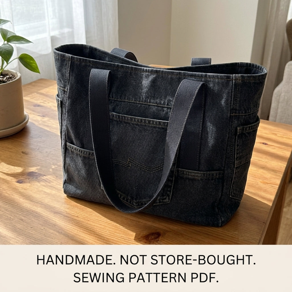 Black Denim Tote Sewing Pattern PDF – Upcycled Jeans Bag with Pockets