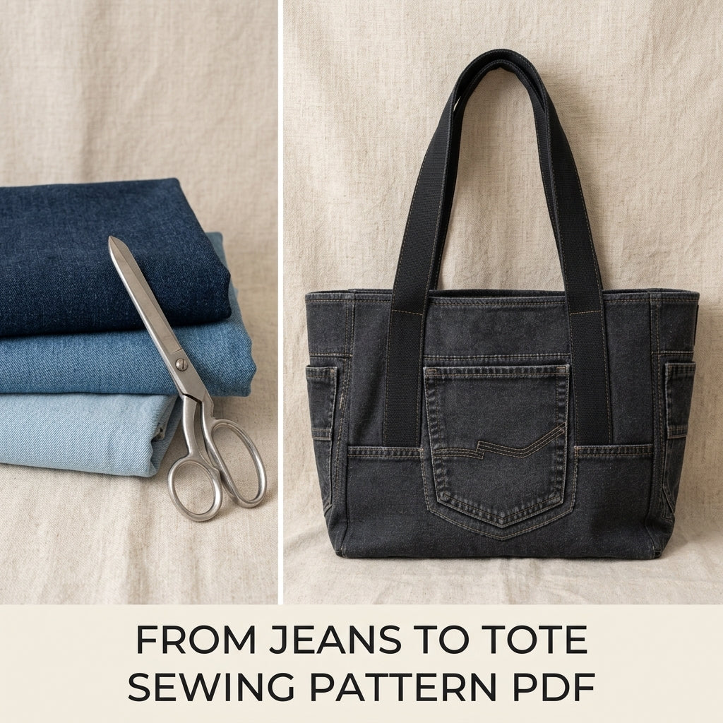 Black Denim Tote Sewing Pattern PDF – Upcycled Jeans Bag with Pockets