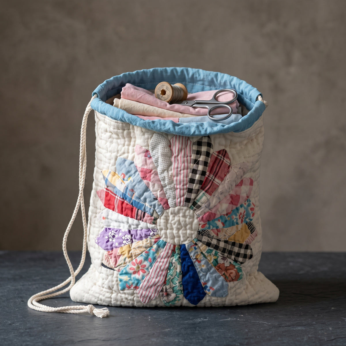 Dresden Plate Drawstring Bag Pattern PDF - Quilted Project Bag - Full Size Petal Template - Scrap Friendly Sewing Pattern