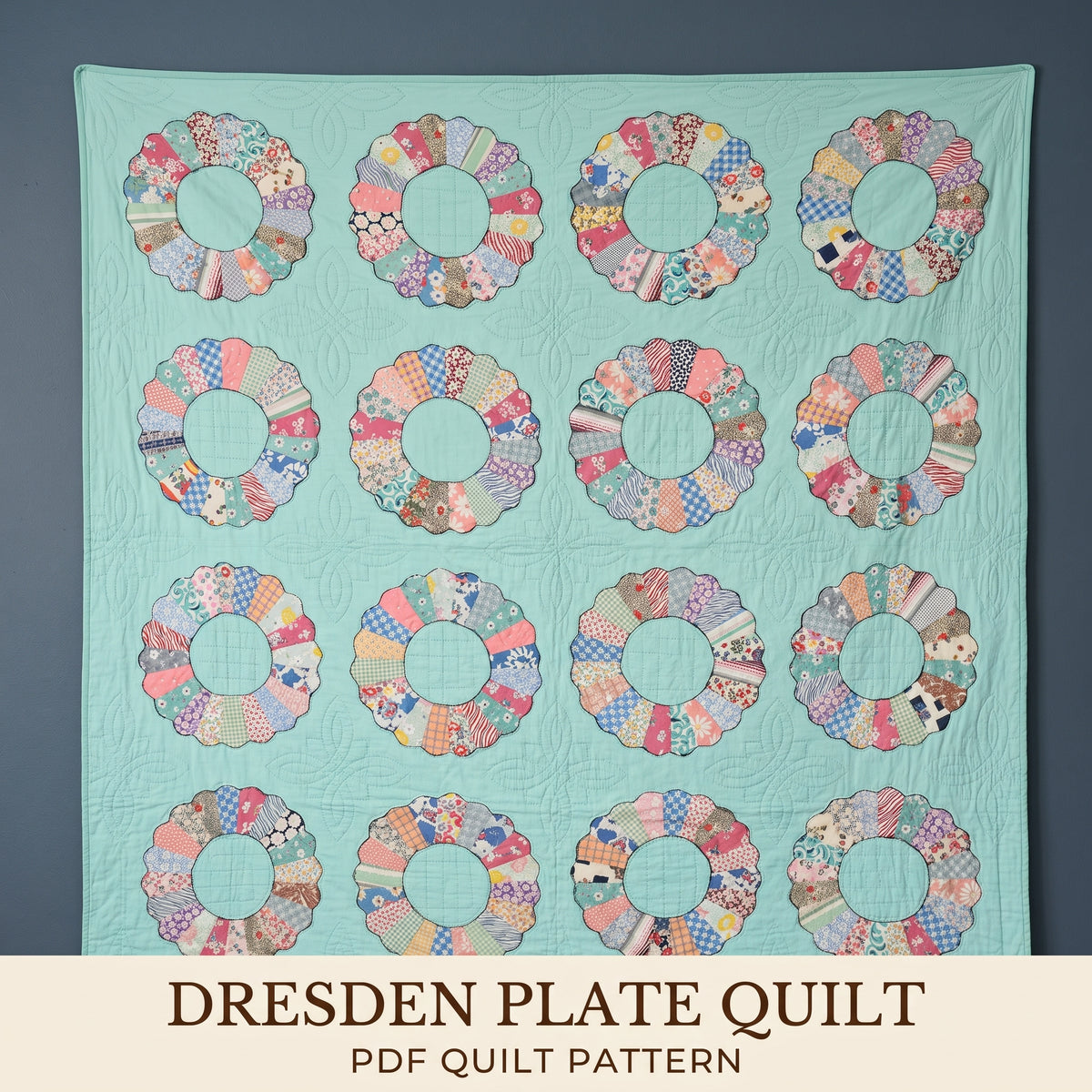 Dresden Plate Quilt Pattern PDF - 16 Block Vintage Quilt - Full Size Petal Template - 1930s Style Scrap Quilt - Instant Download
