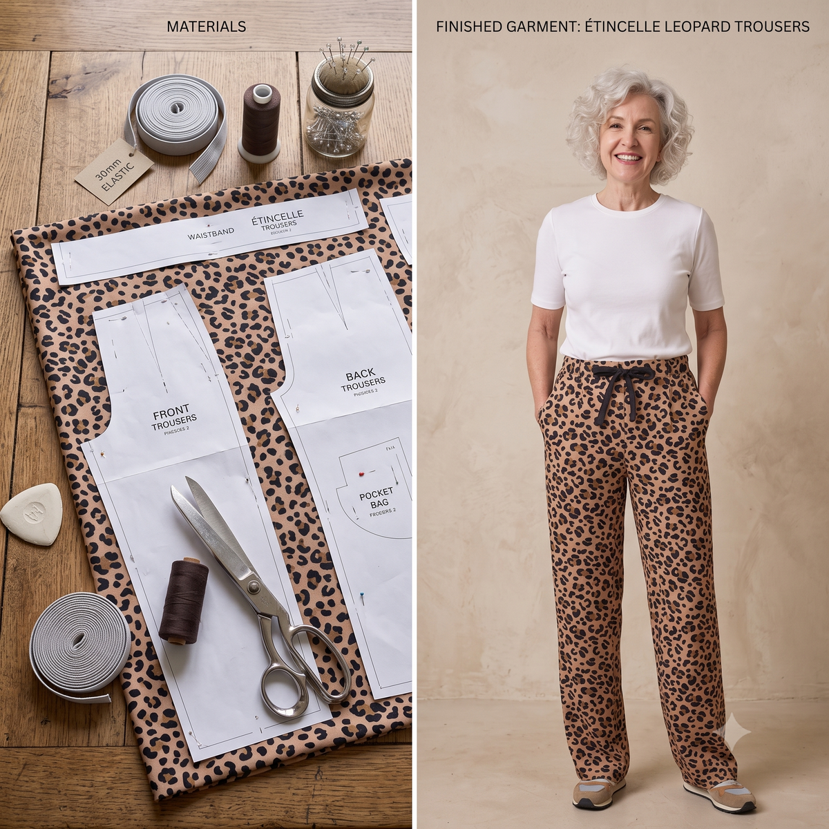 ÉTINCELLE Trousers Sewing Pattern PDF, Pleated Straight Leg Pants, Elastic Waist Trousers, Low Mid Rise, Video Tutorial, Bilingual FR/EN, Sizes 32–52