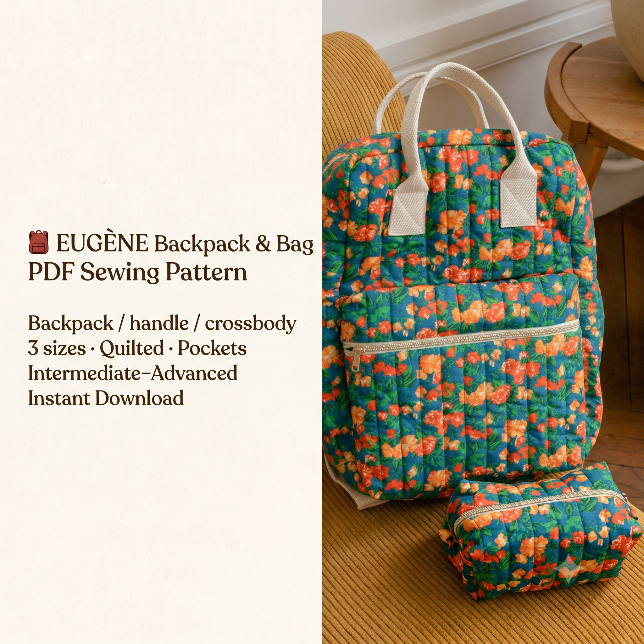 EUGÈNE Backpack Sewing Pattern PDF, Backpack & Shoulder Bag, Three Sizes, Fully Lined, Laptop Pocket, Intermediate to Advanced, Instant Download