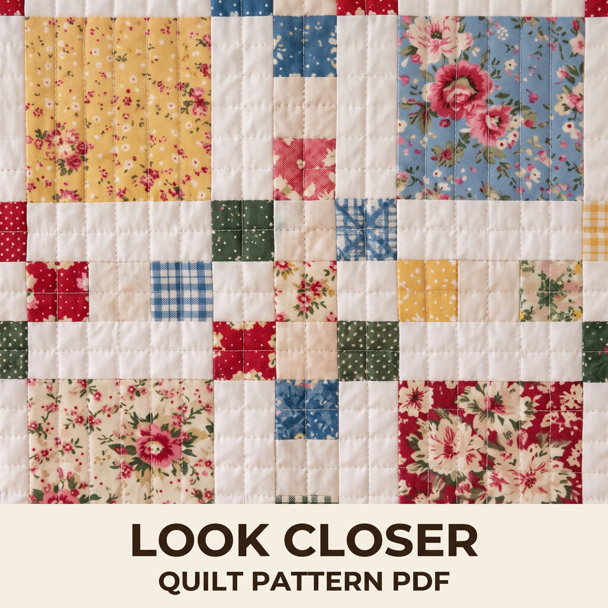 Easy Patchwork Quilt Pattern, Baby Throw Queen and King, Fat Quarter Friendly Floral Quilt, Instant PDF