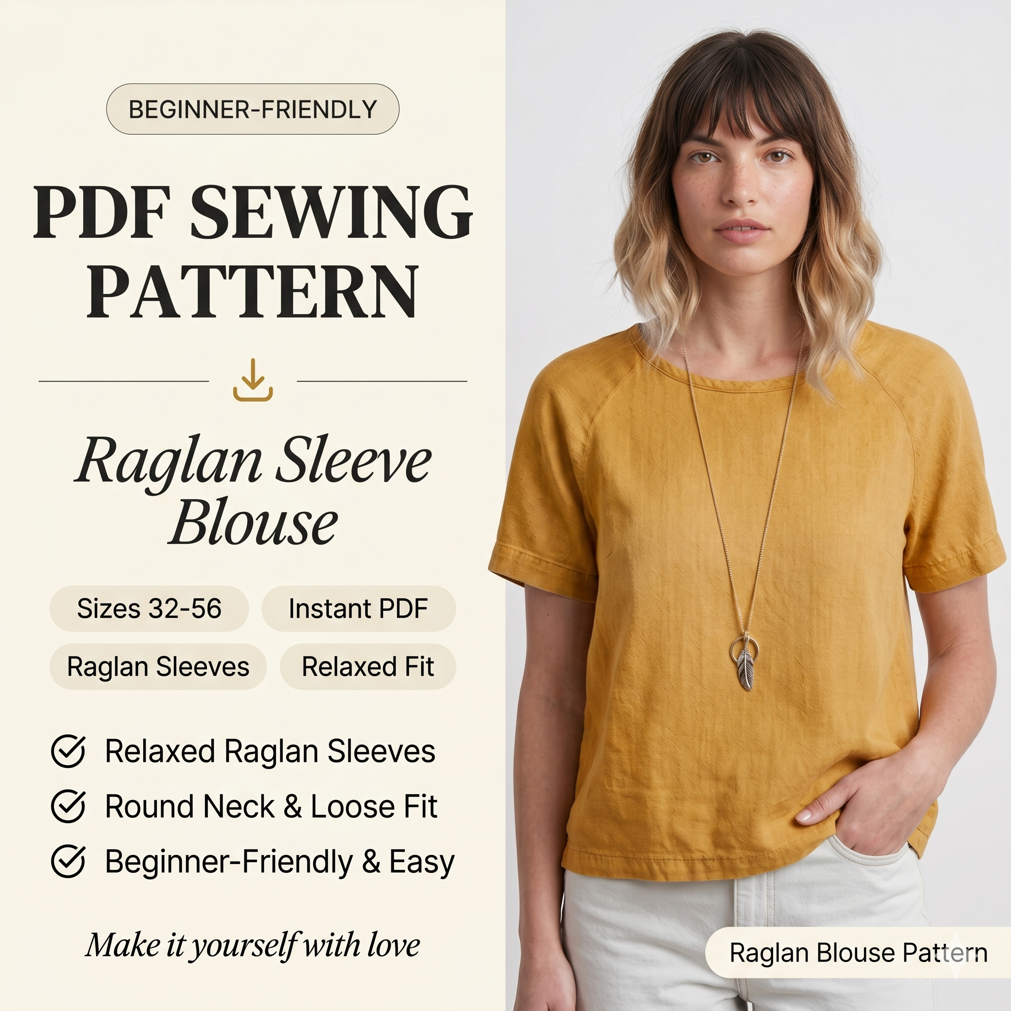 Easy Raglan Sleeve Blouse Sewing Pattern | Casual Top PDF (Sizes 32-56)