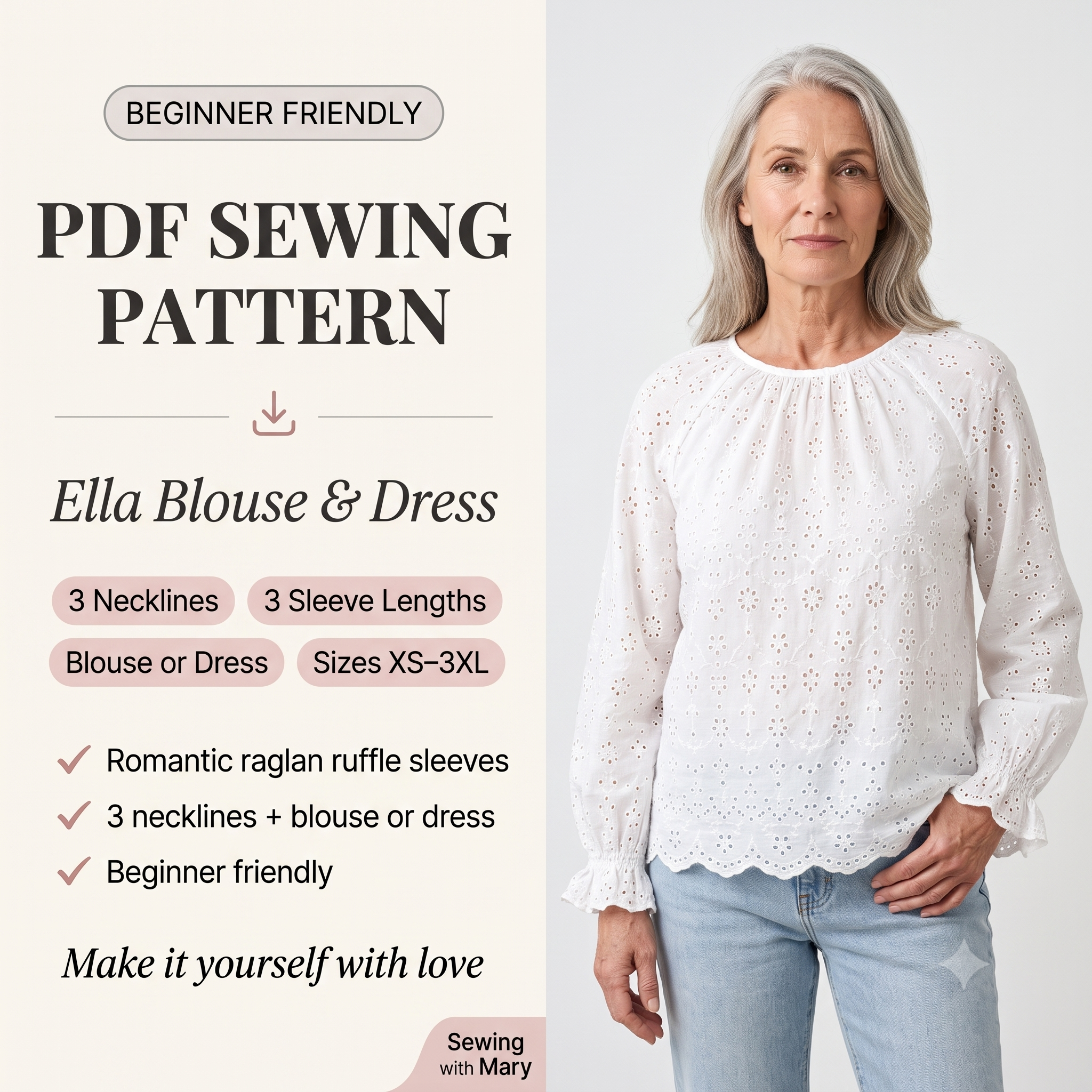 Blouse Dress Sewing Pattern PDF | Ella Boho Raglan Sleeve Top & Dress Pattern for Women, 3 Necklines, Beginner, Sizes XS-3XL, Instant Download