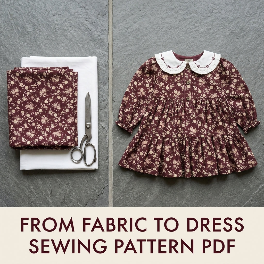 Girls Burgundy Tiered Dress Sewing Pattern PDF – Floral Dress with Embroidered Collar