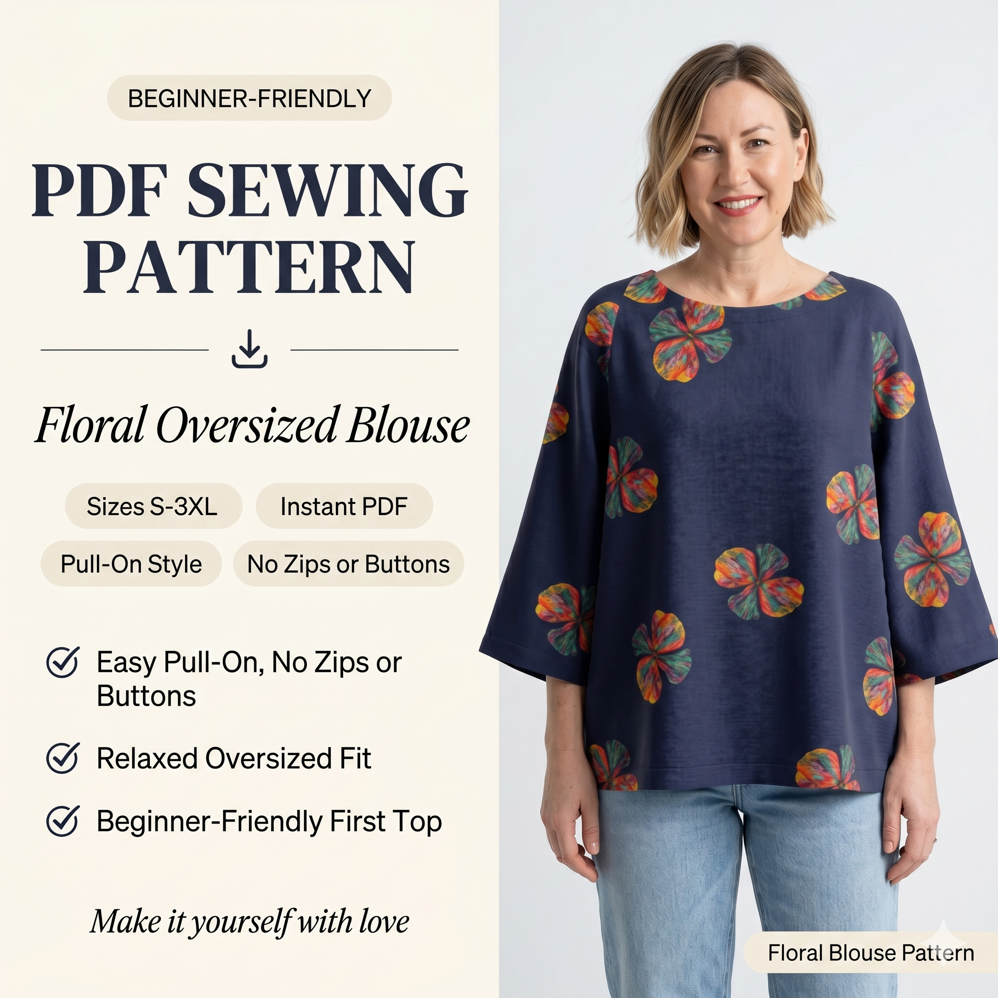 Floral Blouse Sewing Pattern PDF | Easy Beginner Oversized Top Pattern, Pull On 3/4 Sleeve Shirt for Women, Sizes S-3XL, Instant Download