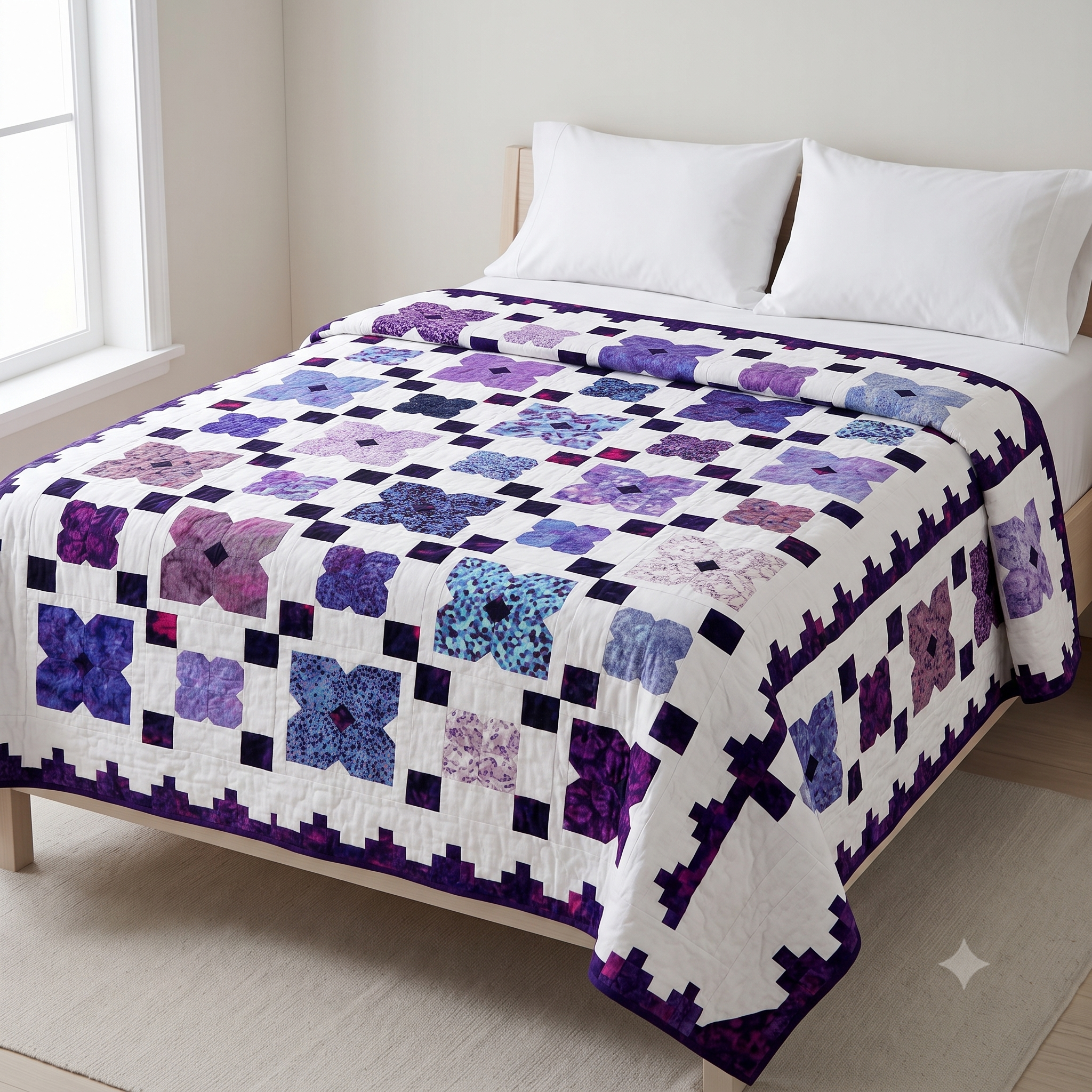 Flower Quilt Pattern PDF | Layer Cake Quilt with Lace Style Border | 60 x 80 inch Throw | Intermediate Quilting Pattern | Instant Download
