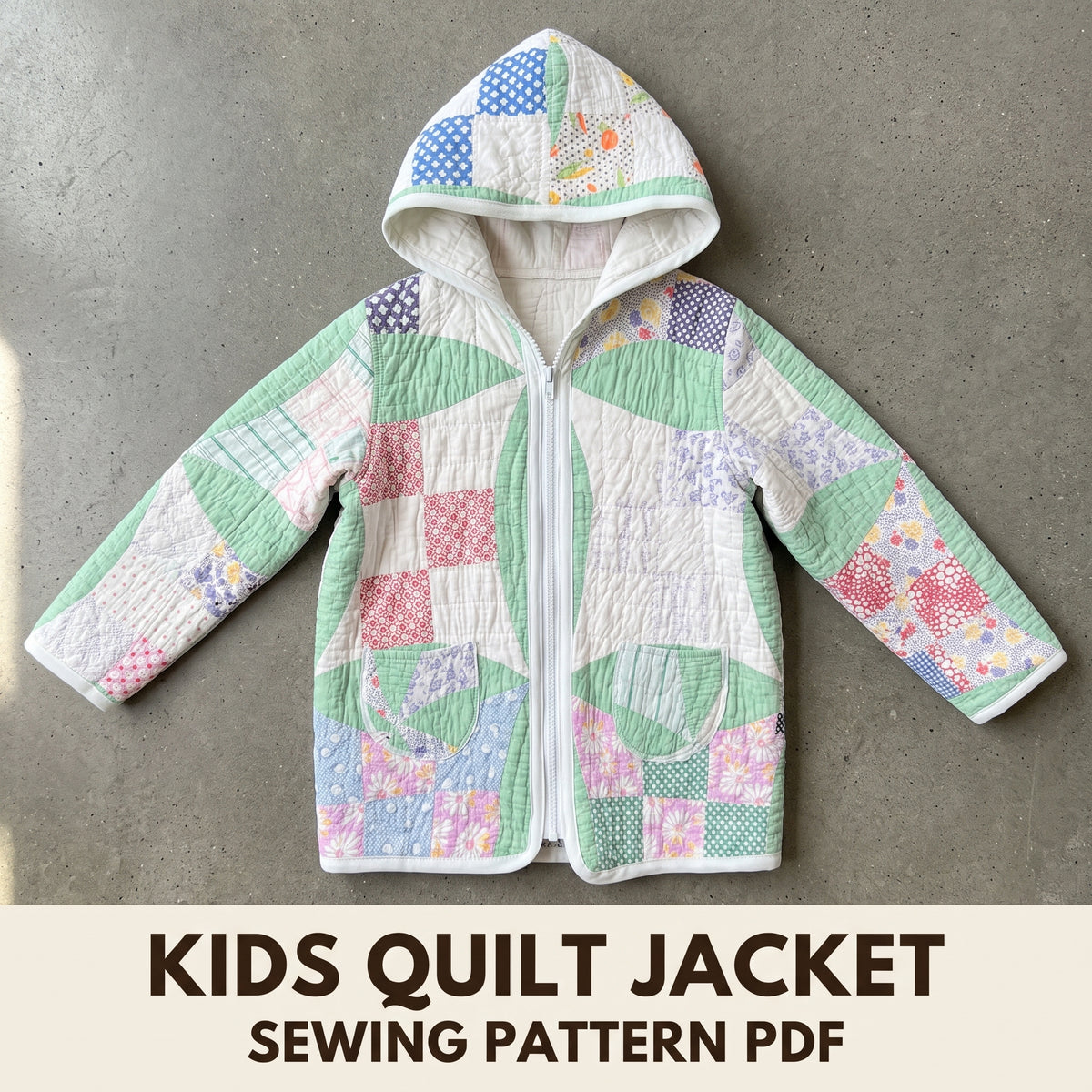 Kids Quilt Jacket Sewing Pattern PDF, Hooded Zip Jacket from a Vintage Quilt with Pockets, Sizes 2 to 12