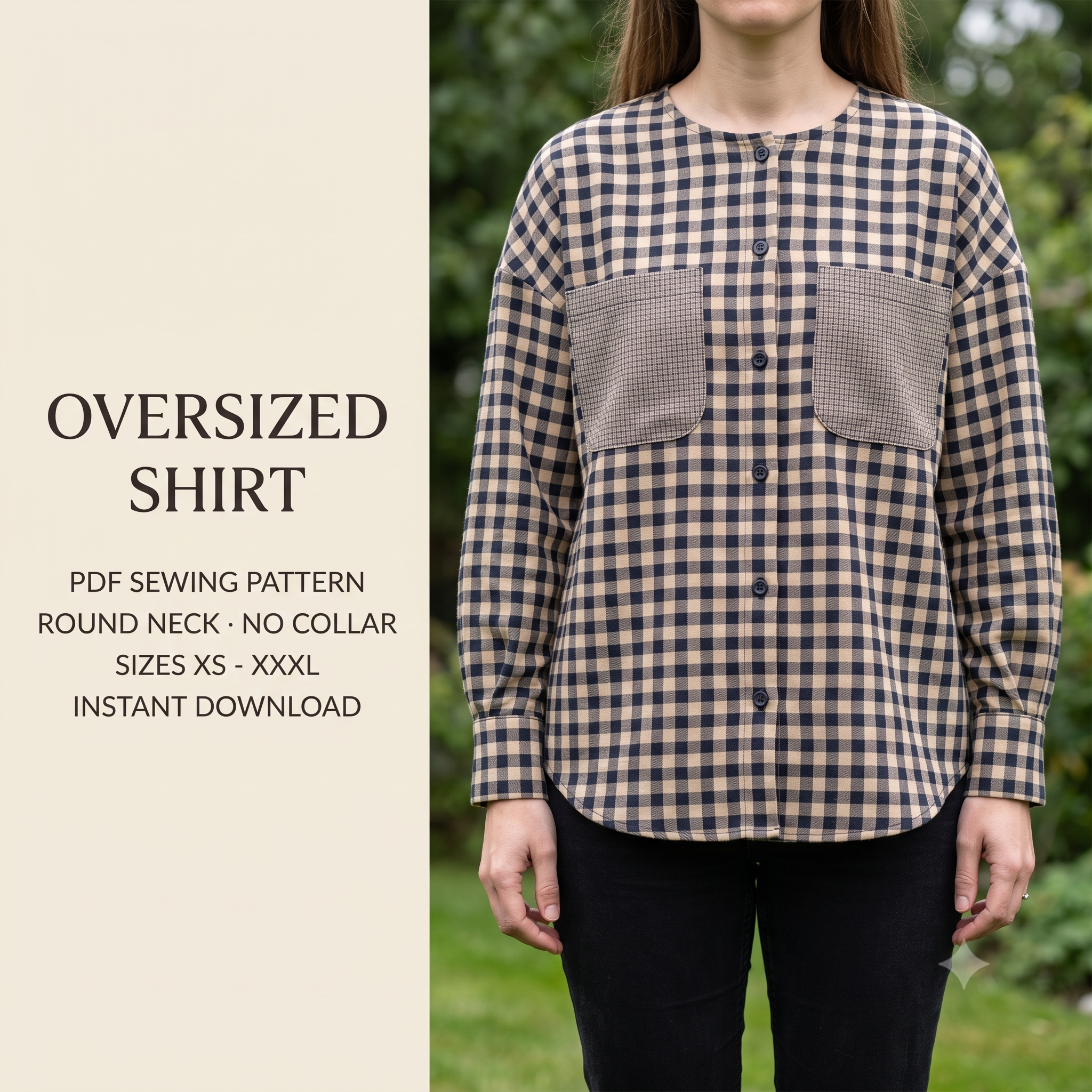 Oversized Shirt Sewing Pattern PDF | Round Neck Collarless Shirt | Sizes XS-XXXL | Intermediate Sewing Pattern | Instant Download