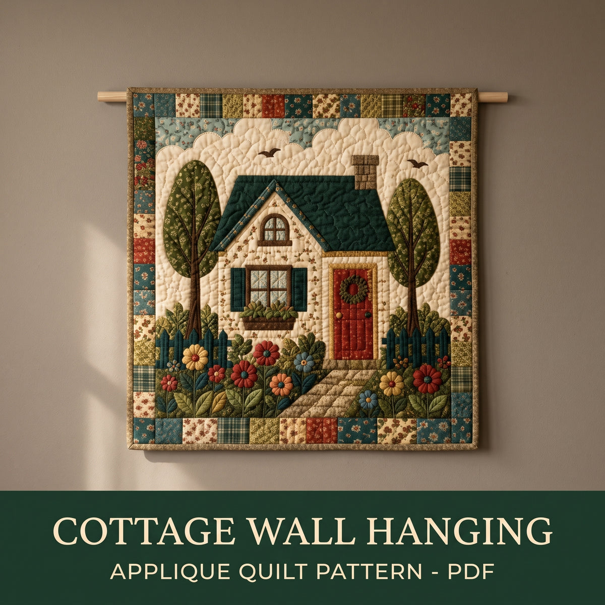 Cottage Quilt Pattern PDF, Applique Wall Hanging, Scrap Friendly