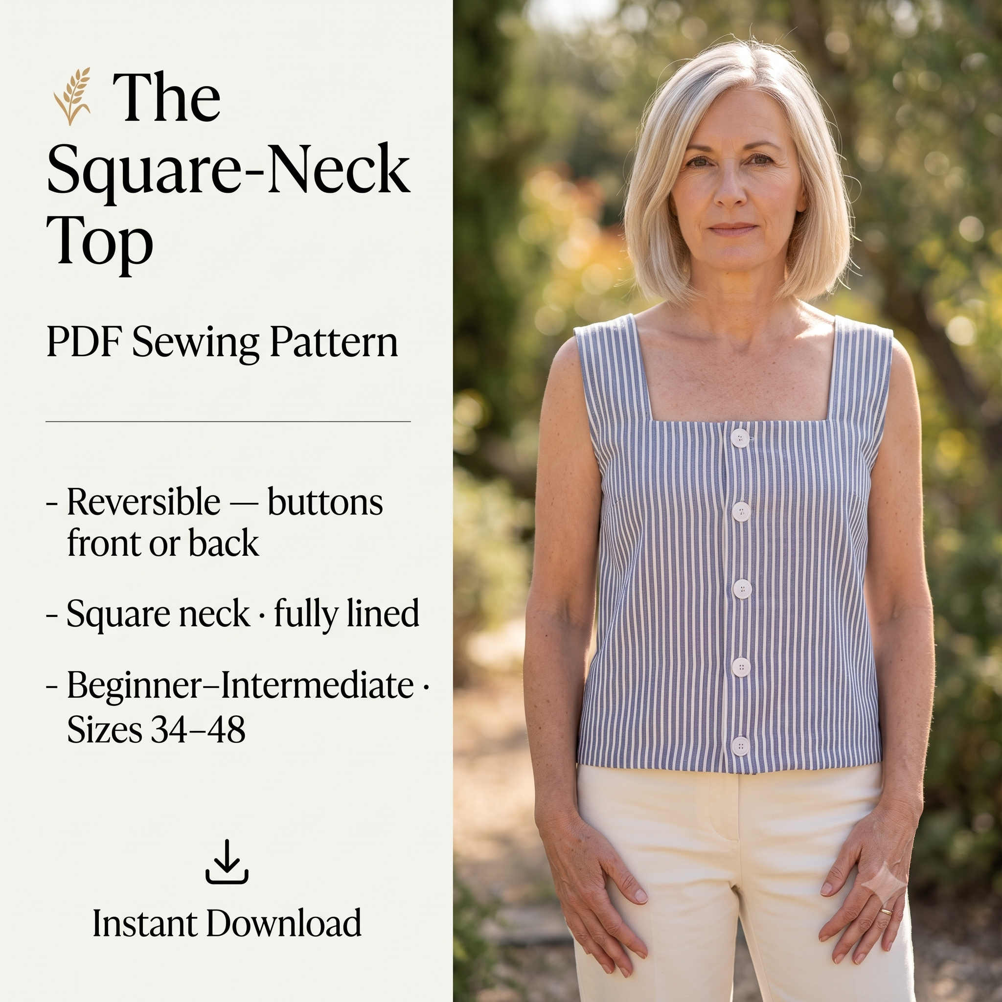 Square Neck Top Sewing Pattern PDF | Fully Lined Button-Front Summer Top, Reversible | Sizes 34-48 | Beginner Friendly | Instant Download