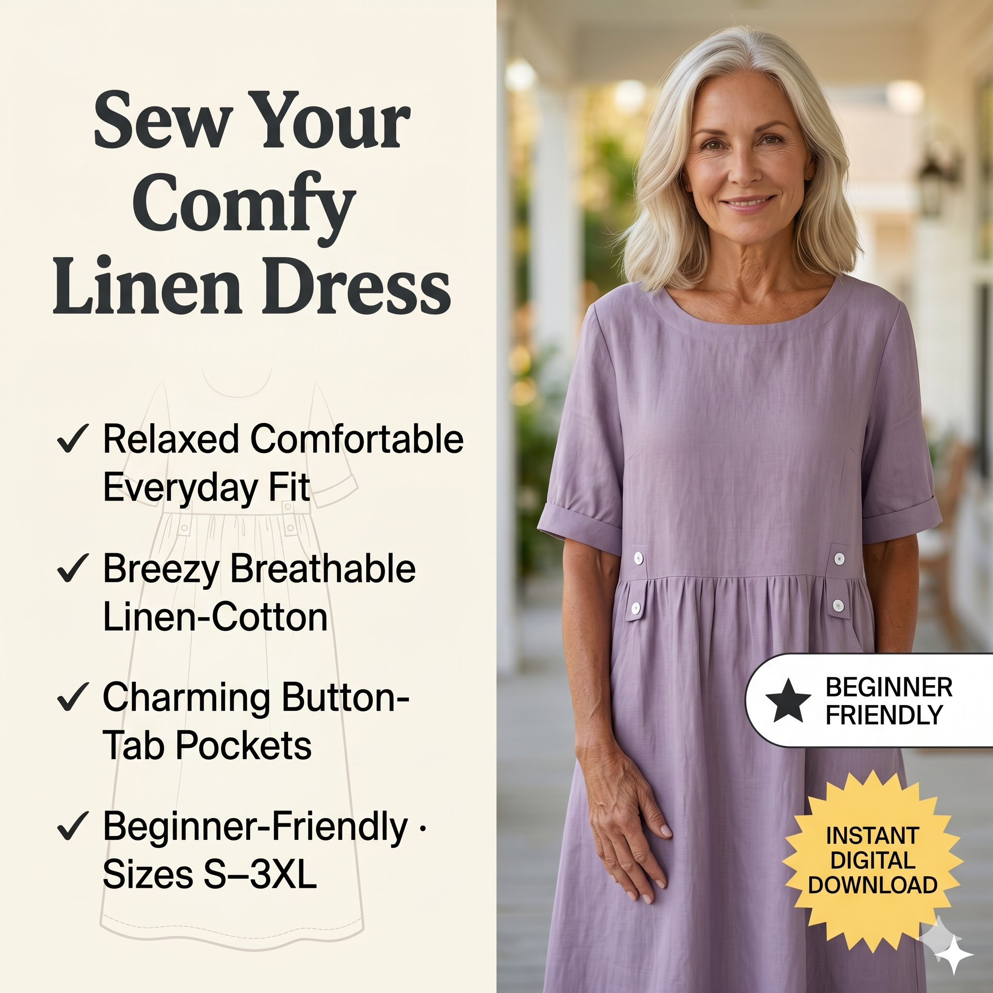 Cotton Linen Gathered Midi Dress – Instant Download PDF Sewing Pattern