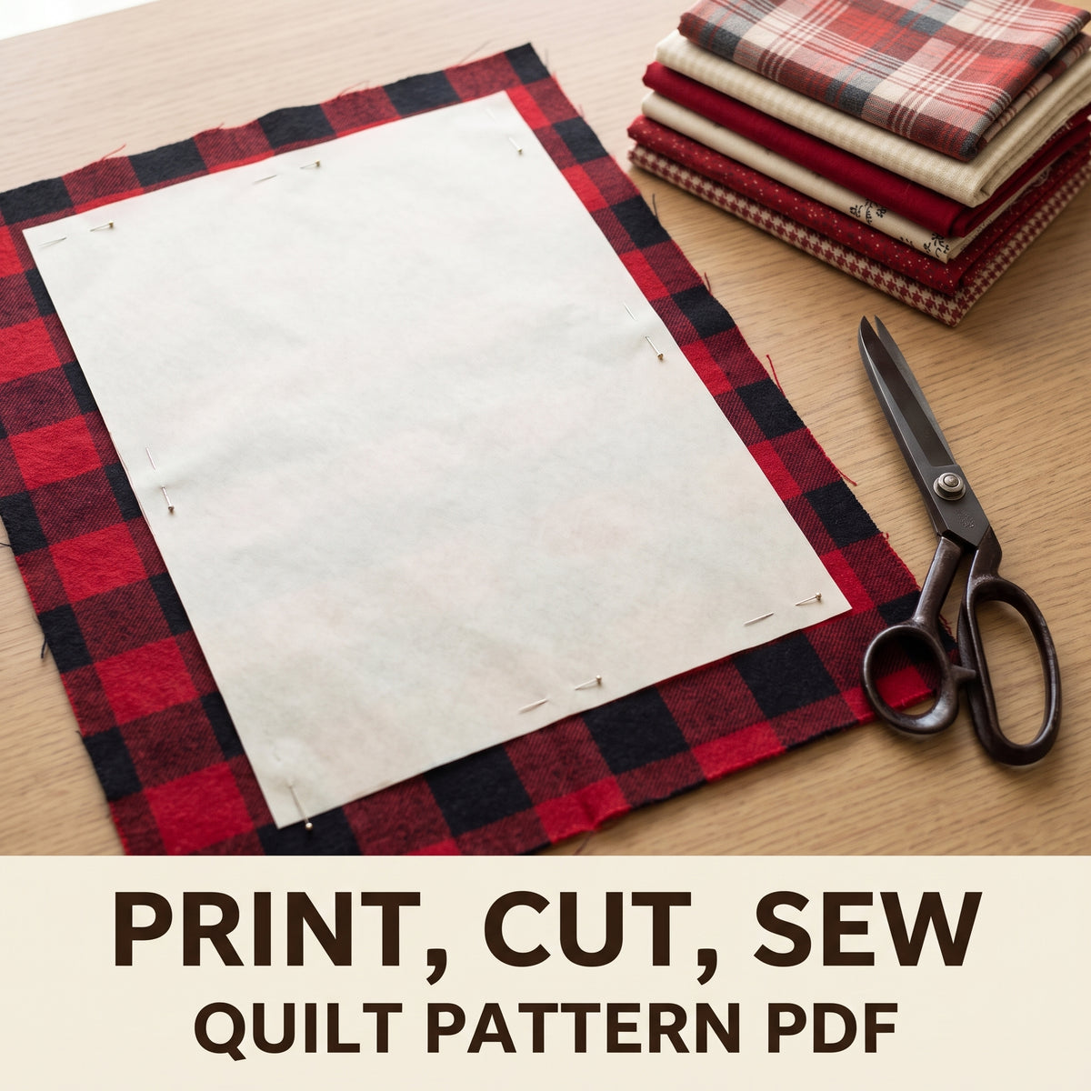 Plaid Patchwork Quilt Pattern PDF, Big Block Flannel Quilt in Buffalo Check and Cream, Throw Twin and Queen
