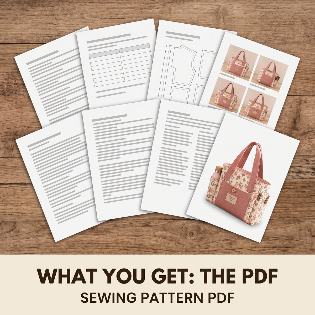Multi Pocket Tote Bag Sewing Pattern PDF, 3 Sizes, Side Pockets, Front Pocket and Flat Bottom