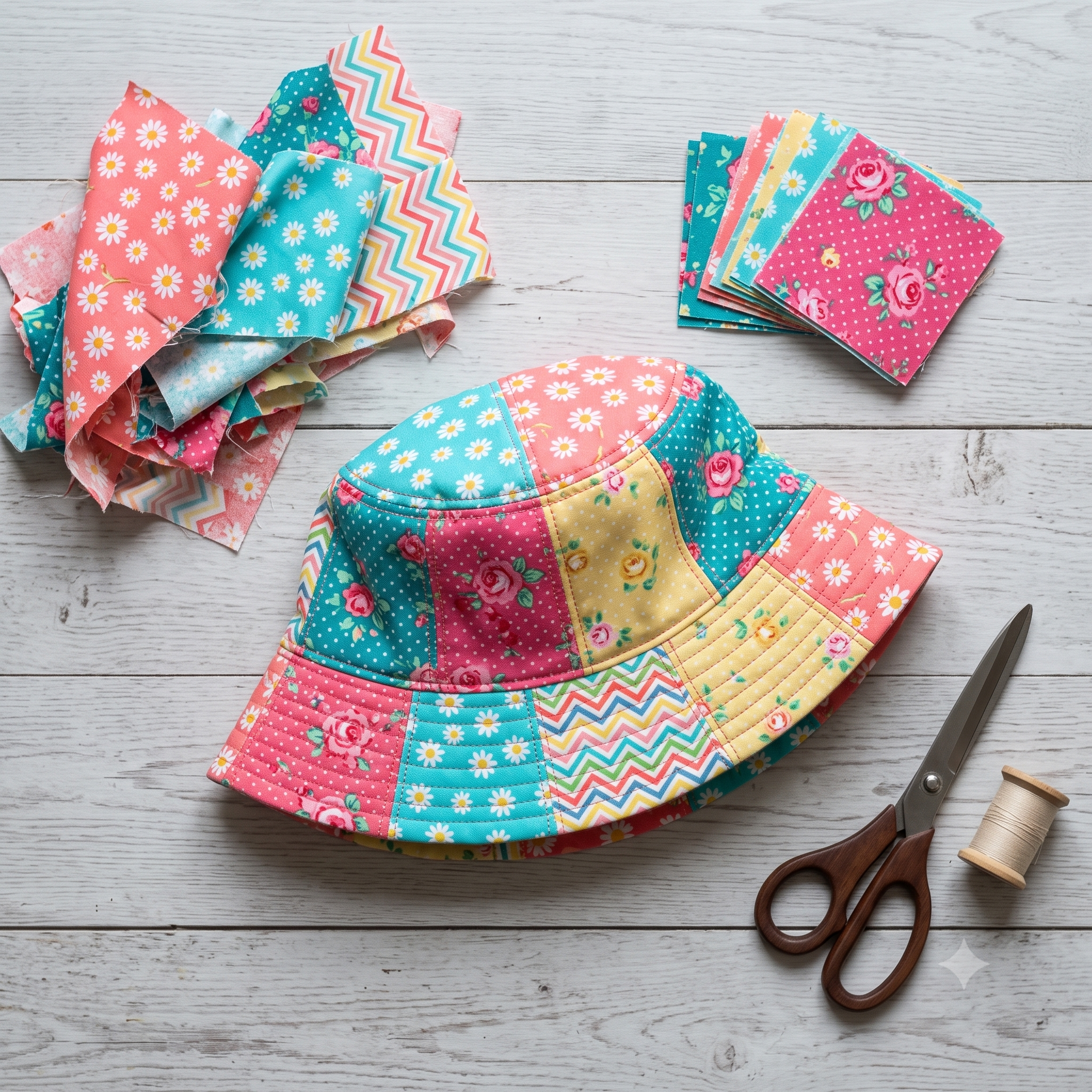 Bucket Hat Sewing Pattern | Reversible Patchwork Sun Hat PDF | Scrap Fabric Project | 2 Hats in 1 | Sizes S-M-L | A4 A0 US Letter