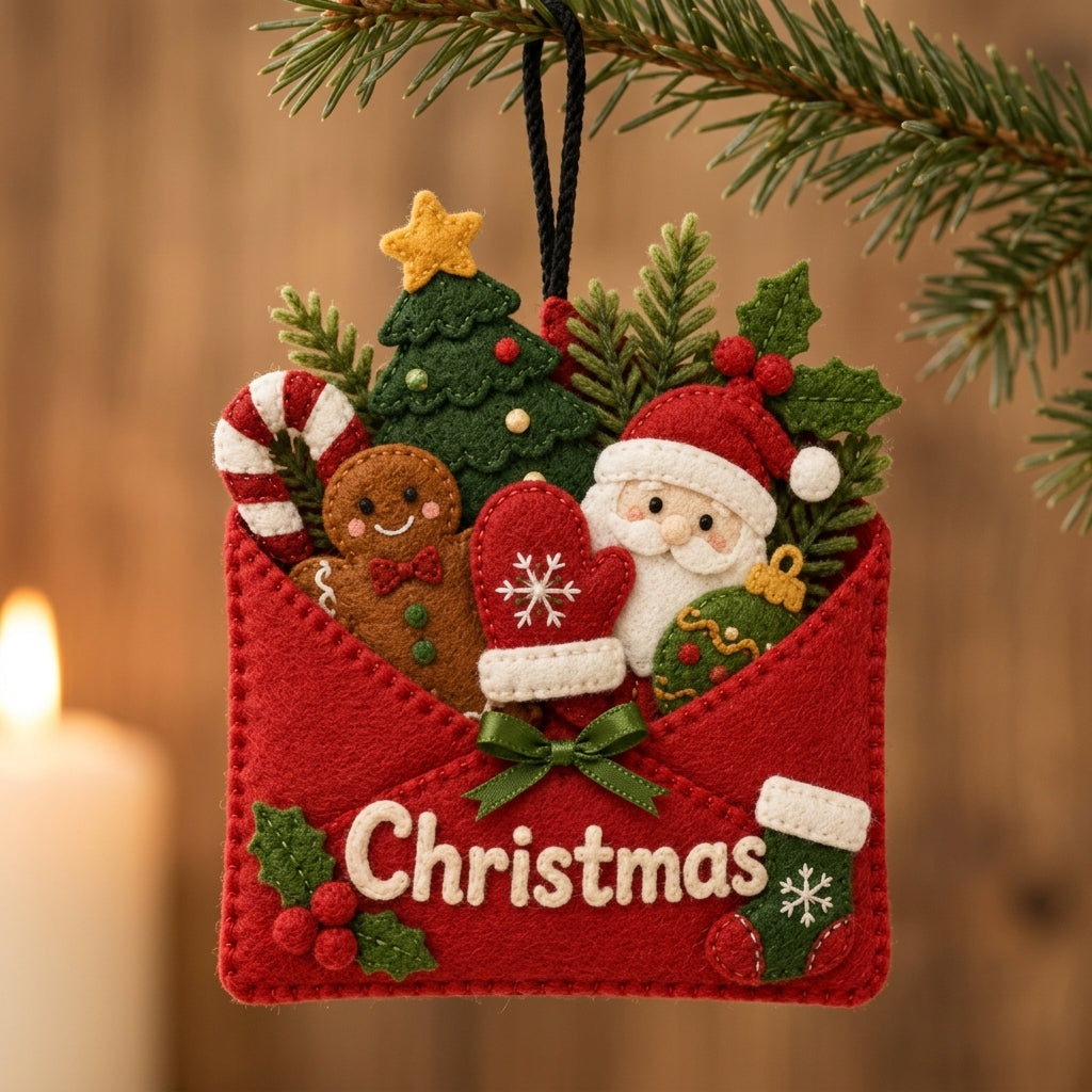 Felt Christmas Envelope Ornament Pattern PDF, Santa, Gingerbread, Mitten, Hand Sewing Felt Ornament