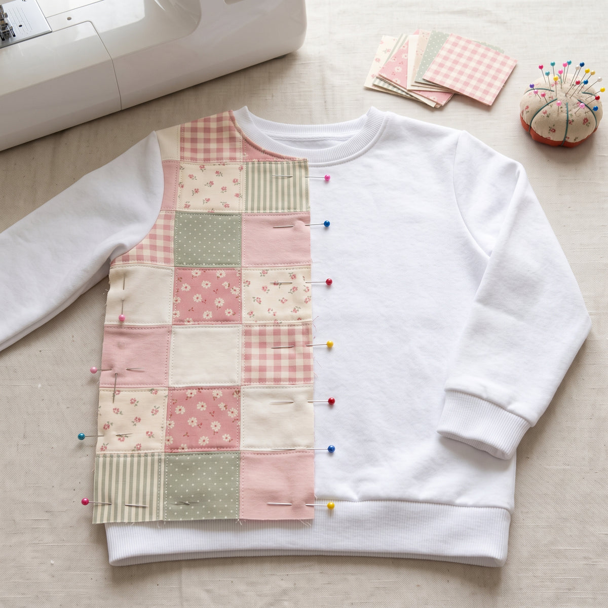 Kids Patchwork Sweatshirt Jacket PDF Sewing Pattern, Girls Upcycle with Mini Charm Squares, Lace Trim, Sizes 2–12 Years