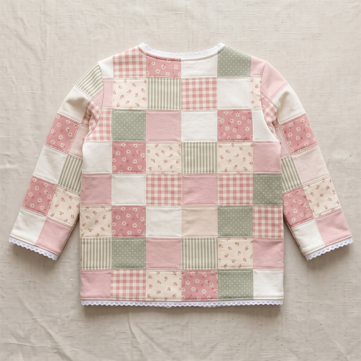 Kids Patchwork Sweatshirt Jacket PDF Sewing Pattern, Girls Upcycle with Mini Charm Squares, Lace Trim, Sizes 2–12 Years